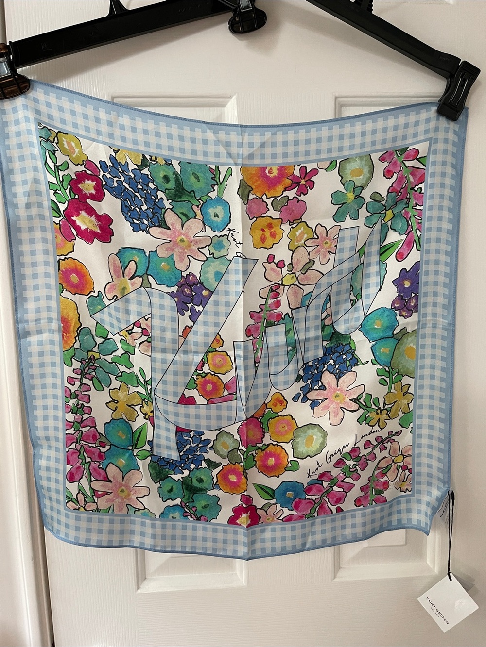 Kurt Geiger Floral Silk Gingham Accent Scarf in Light Blue and Multi